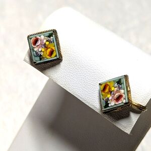 Antique/Rare Fabbrica Angelo Pressar (FAP) Mosaic Floral Earrings Made in Italy